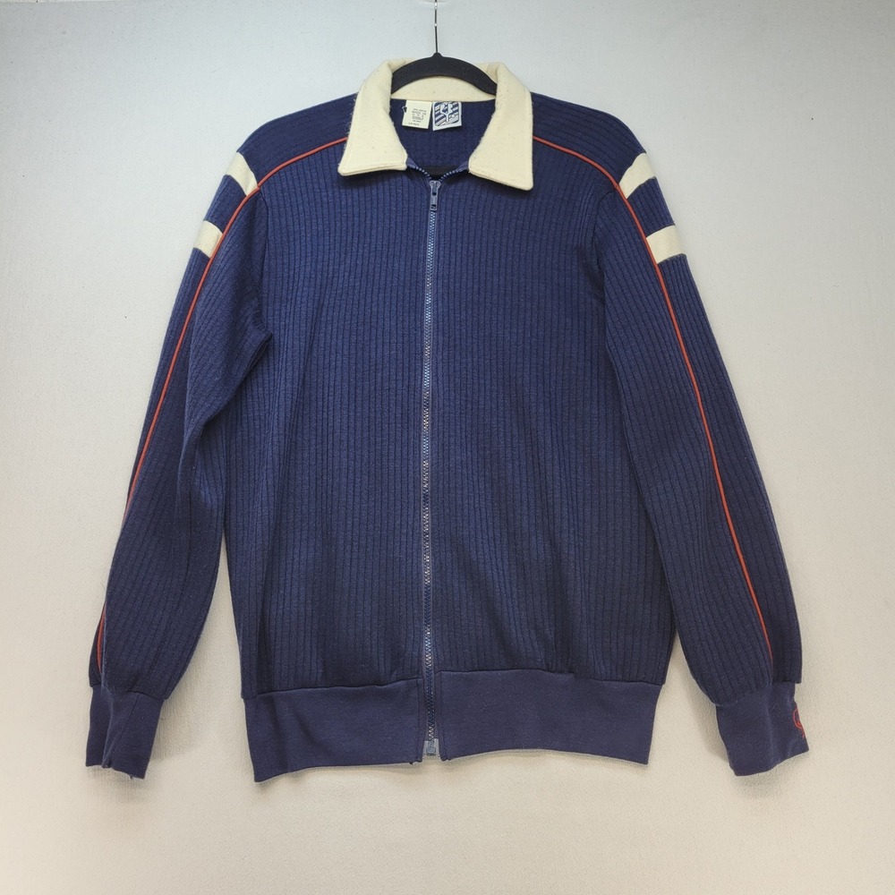 Vintage Full Zip Track Jacket Mens Large Navy Blue Retro Ribbed Knit USA‎ Made